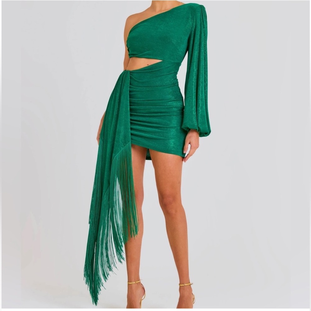 NADINE MERABI One-Shoulder Dress in Vibrant Green